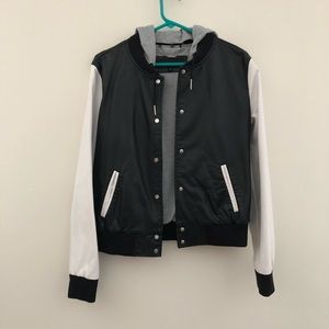 Faux Leather Bomber with detachable hood.